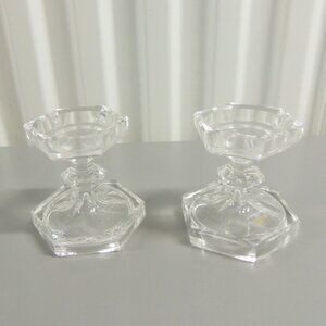 Pair of Cut crystal candleholders with white pillar candles